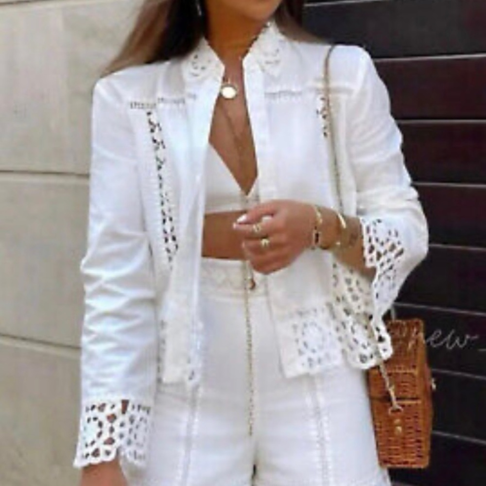 Zara Cutout Crocheted Lace Shirt or Light Jacket, White/Ivory, Oversized